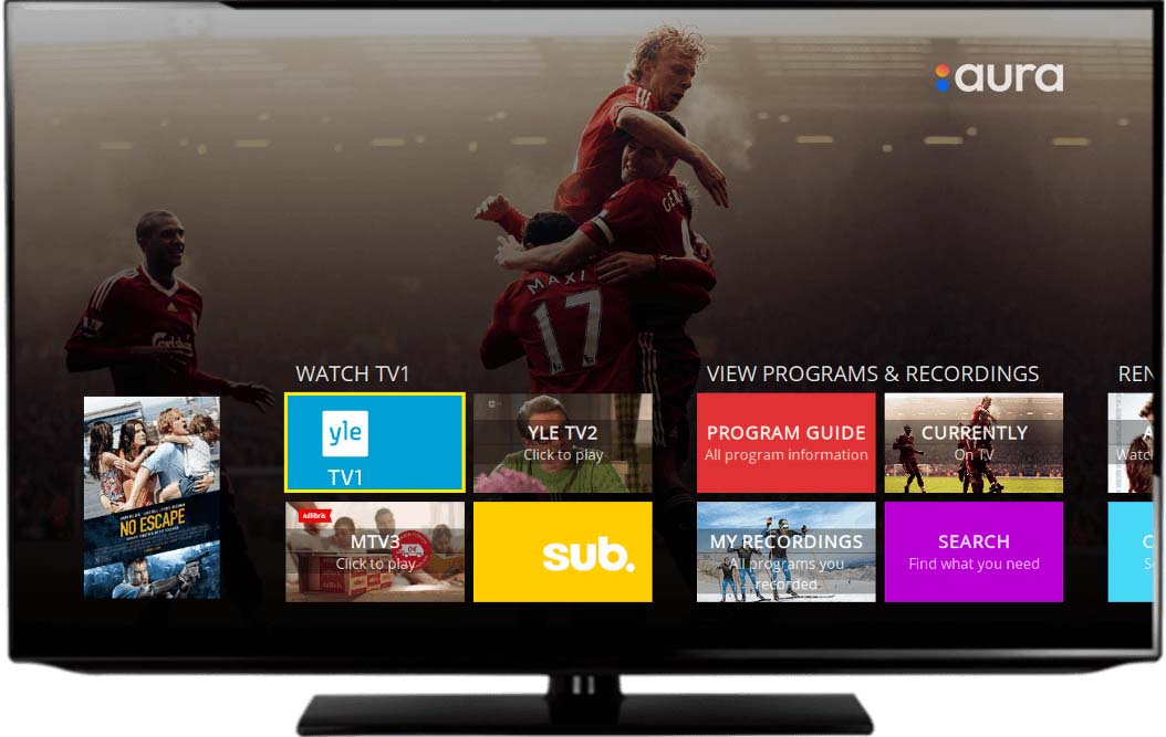 The IPTV software Hibox Aura's user interface displayed on smart TV