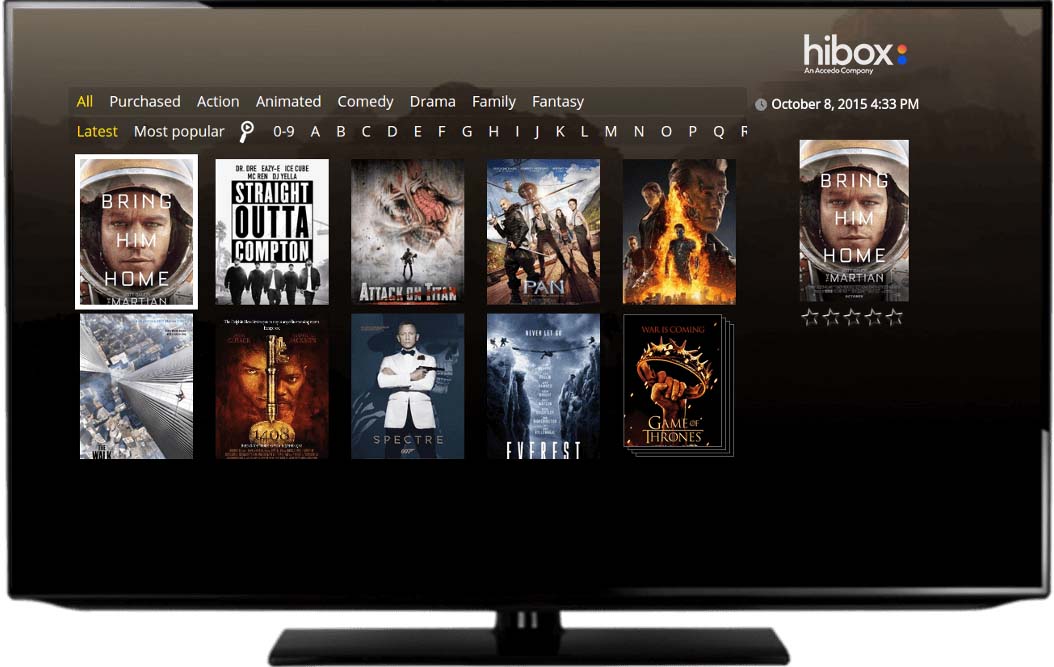 The IPTV software Hibox Aura's user interface displayed on smart TV