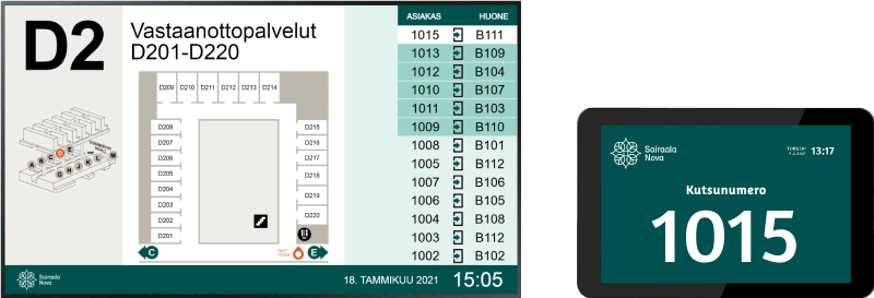 Large digital signage screen displaying information and hospital wayfiding queuing list, and smaller doorway display showing patient call-in number.