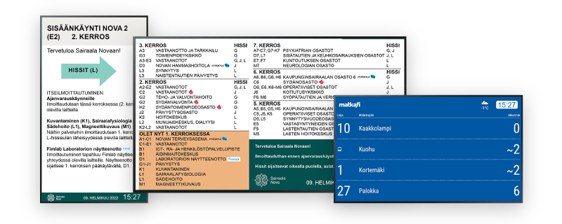 Information, guidance and transportation schedules displayed on digital signage displays.