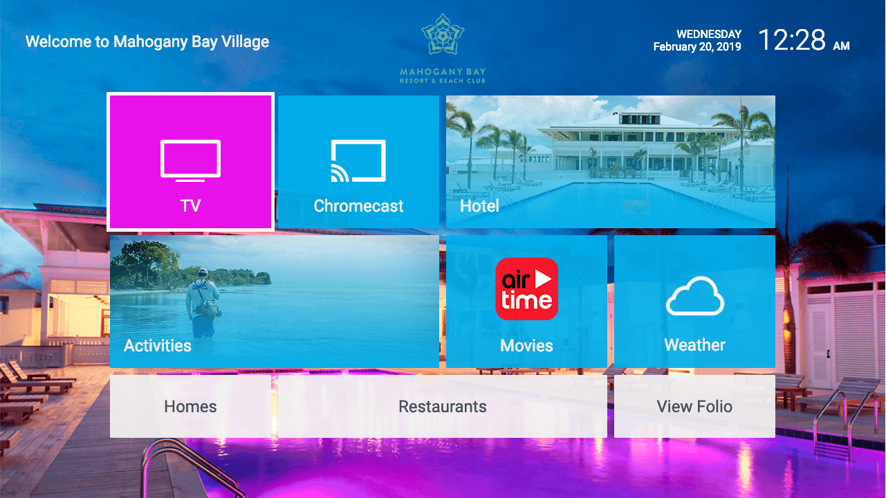 Mahogany Bay user interface displayed on hospitality TV