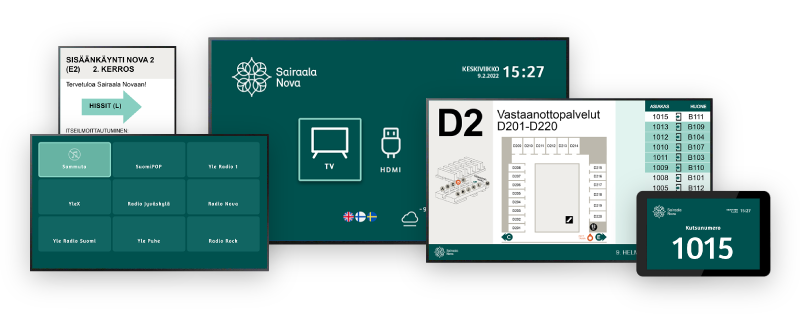 Screenshots of Hospital Nova user interfaces displayed on multiple devices; patient TVs, digital signage displays and doorway displays.