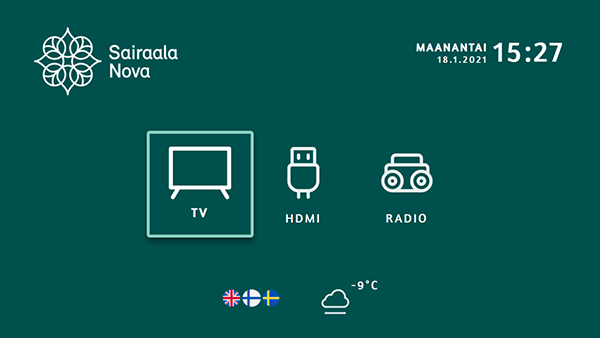 Hospital Nova Hospitality TV user interface powered by Hibox Smartroom displayed on TV