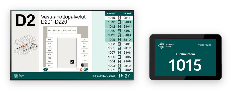 Patient guidance system with call-in displayed on a large digital signage screen and doorway display.