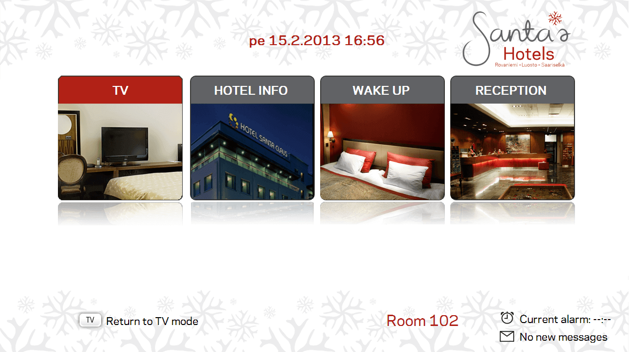 Santa's Hotels user interface displayed on hospitality TV
