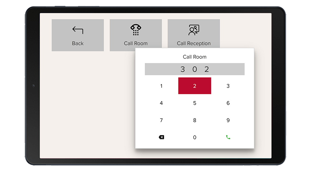 Smartroom Tablet UI showing video call functionality, user calling other hotel room.