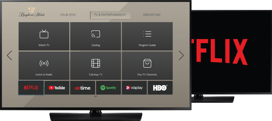 Smatroom Hospitality user inteface on hospitality tv highlighting Netflix