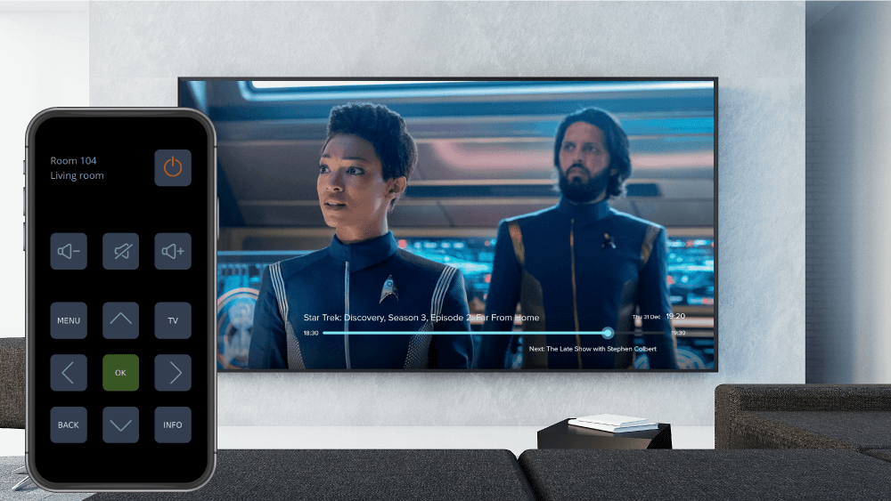 The Smartroom virtual remote on a smarthpone, controlling content on the TV.