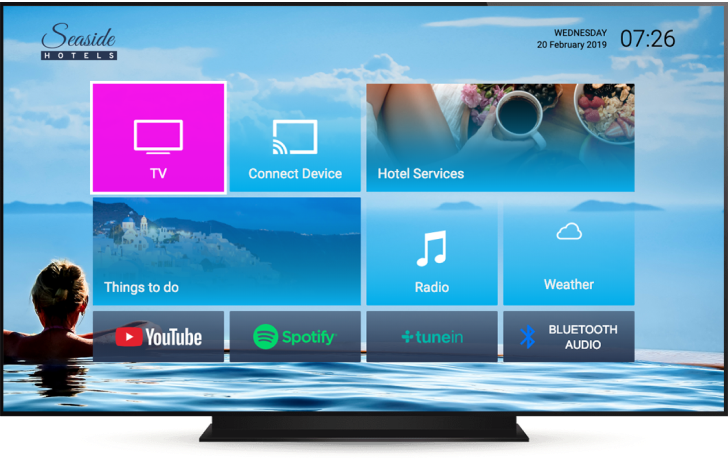 The IPTV software Hibox Aura's user interface displayed on smart TV